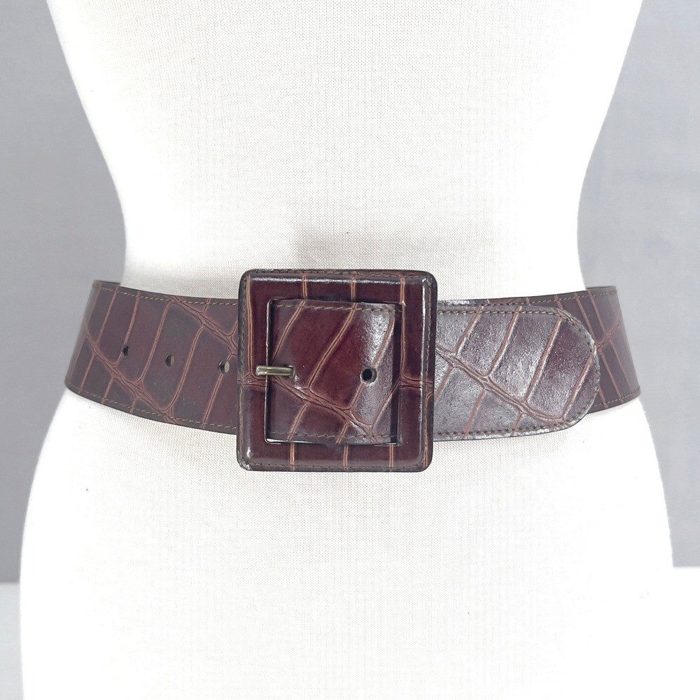 Vintage Cipriani Womens Wide Belt‎ Brown Alligator Embossed Italian Leather S/M
